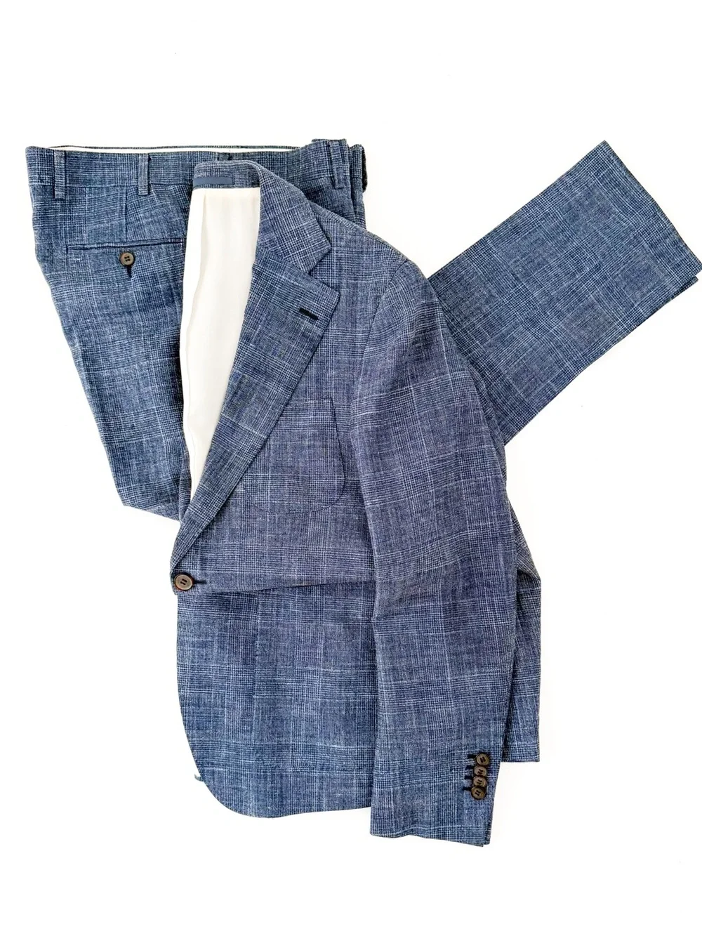 Suitsupply Hudson E. Thomas Wool Silk Linen Suit Blue Plaid Textured Weave 38R